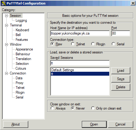 PuTTYtel configuration settings.